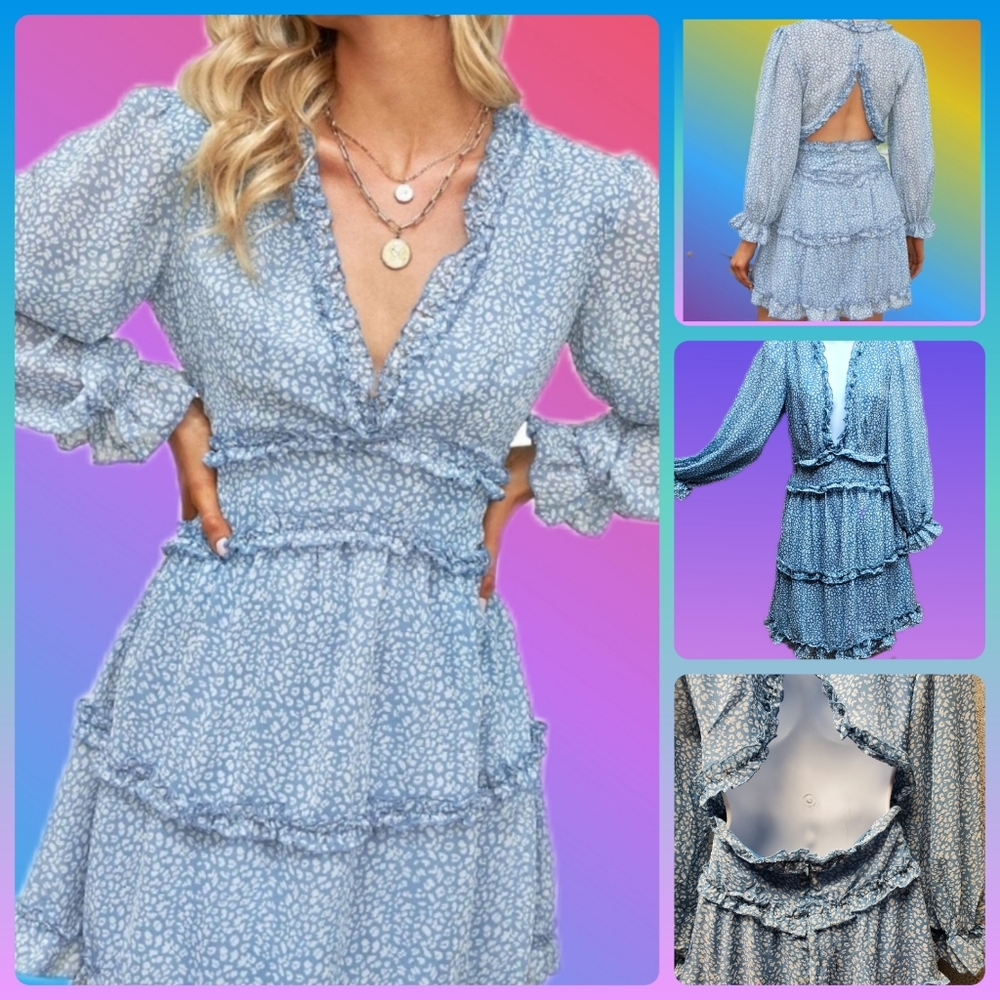 Ruffled Mini Dress with Plunging Neckline and Opened Back